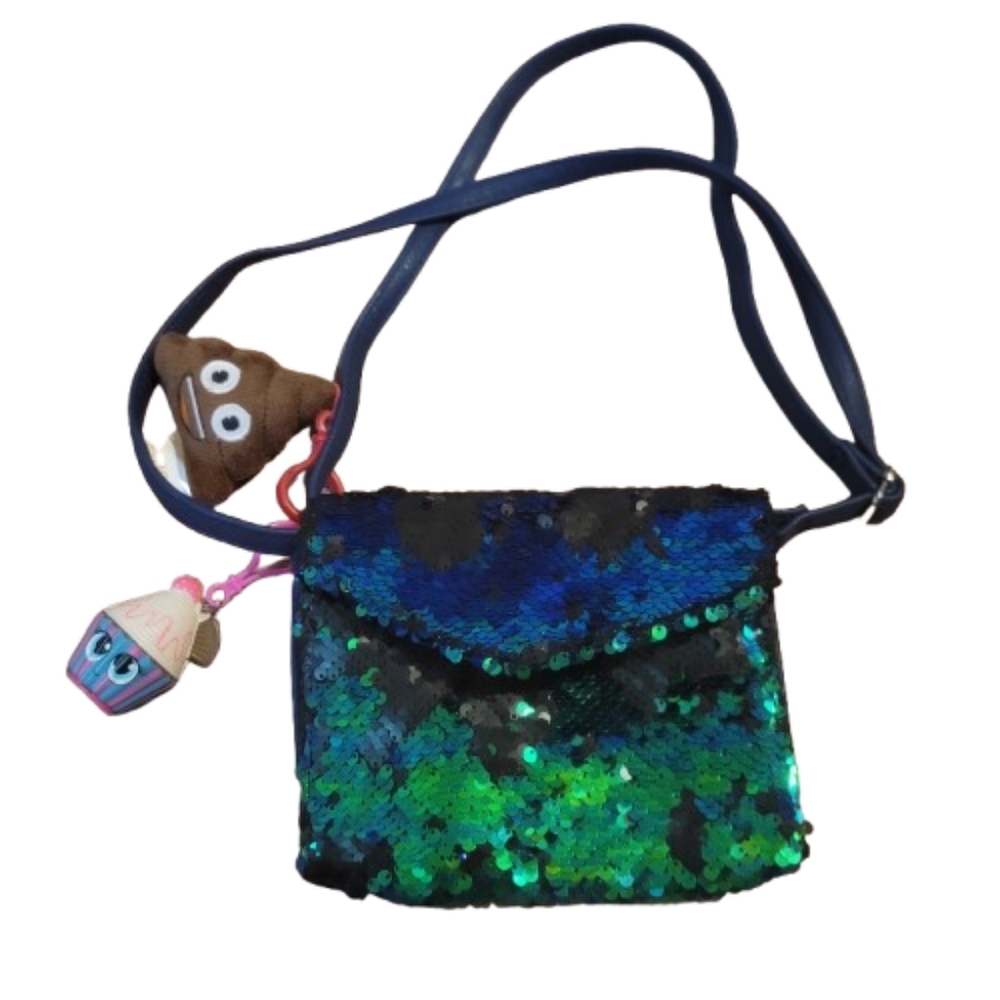 Metallic Blue and Green Sequin Crossbody Bag With Poop Emoji And Cupcake Charms